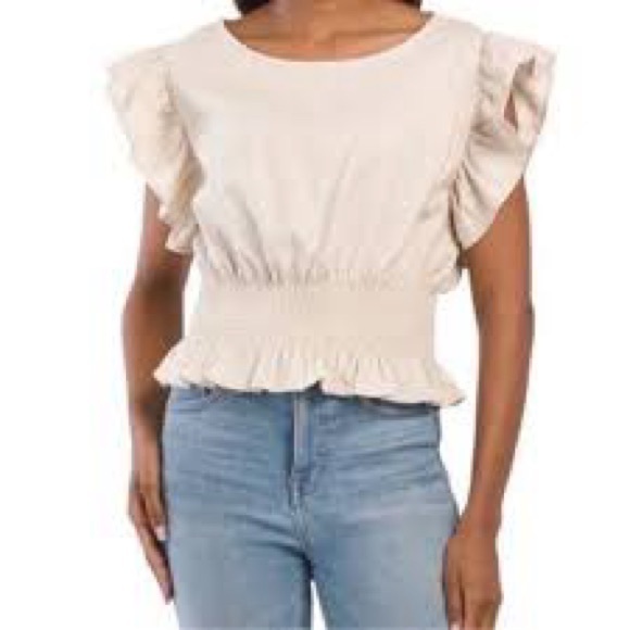 Linen Ruffled Smocked Cropped Blouse Top Shirt Medium Cupcakes & Cashmere -OBO - Picture 1 of 9